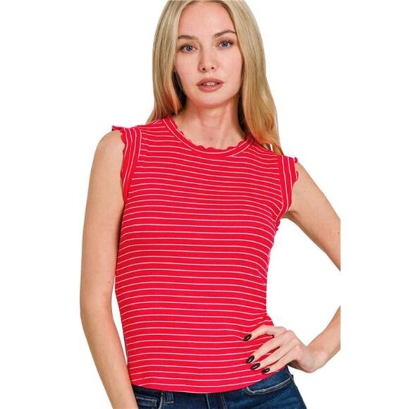 Zenana Ribbed Ruffle Trim Sleeveless Stripe Top - Picture 1 of 3